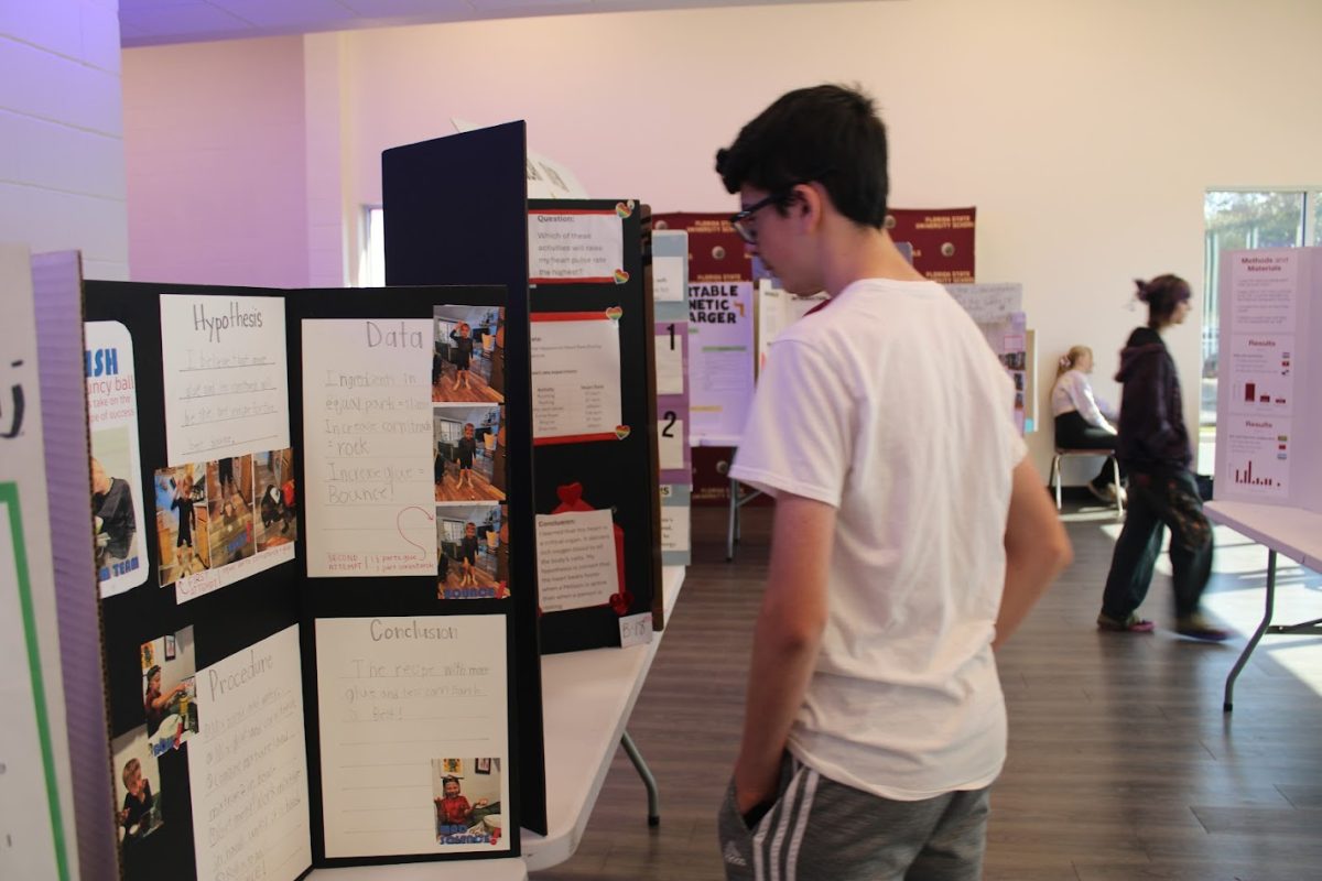Eight-grade student Michael Nall joins his Biology class in visiting the science fair. Teachers were invited to bring down their classes to see the projects.
