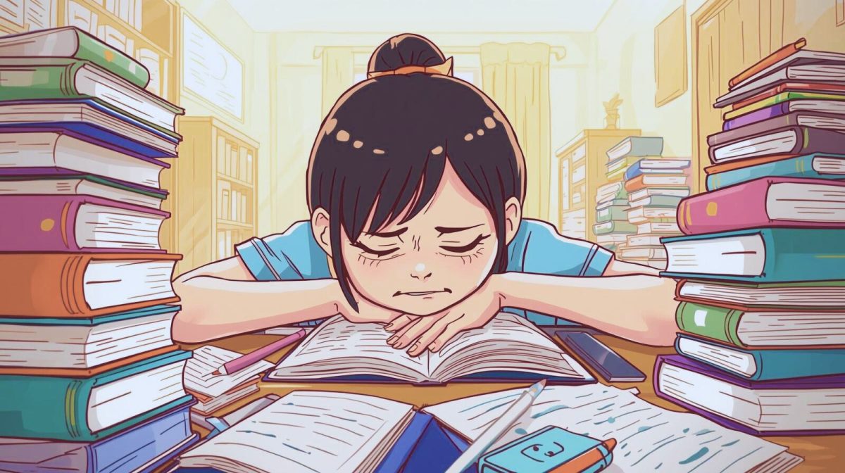 While there can be some benefits tohomework, the deadlines, pressure and accumulation thereof can induce stress. The illustration represents the weight of academic expectations many students face outside of school hours.
Art created in Canva by Nahomi Torres-Bustamante.