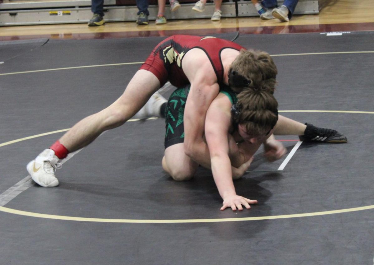 Sophomore Cade Aukeman holds down his opponent from Lincoln as he goes for the point.