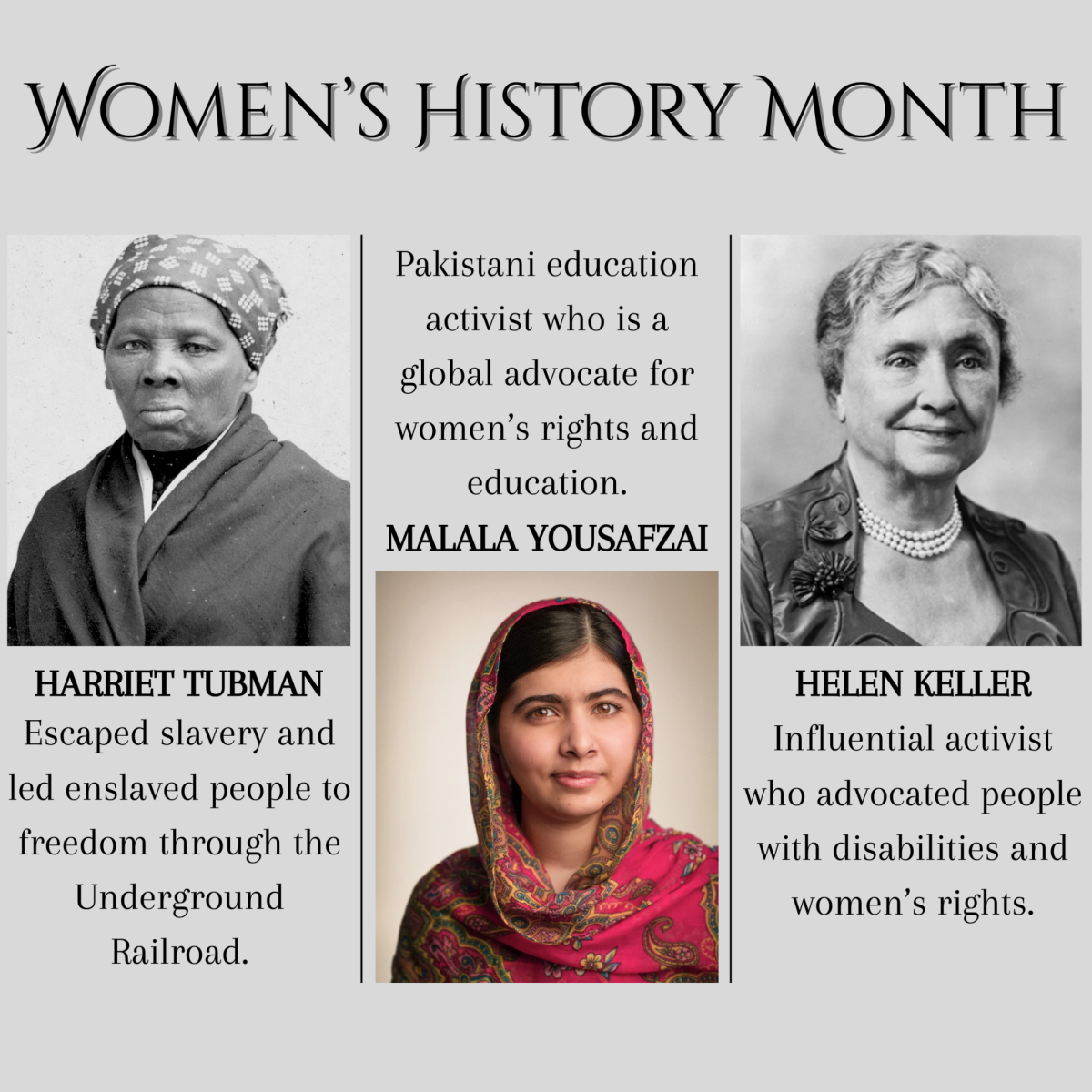 March is Women’s History Month, a time to recognize the influential women who have had impact on our lives, both past and present.
Graphic created in Canva by Myla Reid.